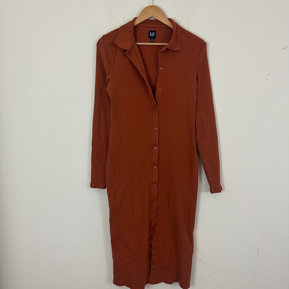 Gap Autumn Fall Midi Shirt Dress Brown Ribbed Button Front Long Sleeve M T